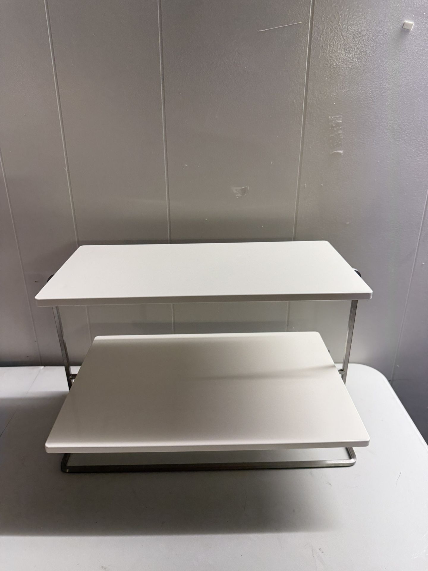 2 Tier Stainless Steel Display Stand With White Trays Acme Plastics All Occasion
