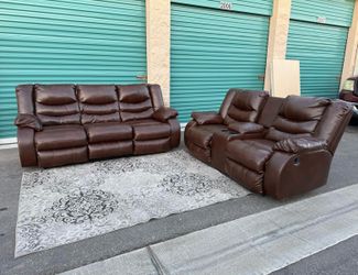 Free Delivery 🚚 Brown Faux Leather Reclining Sofa and Loveseat Set