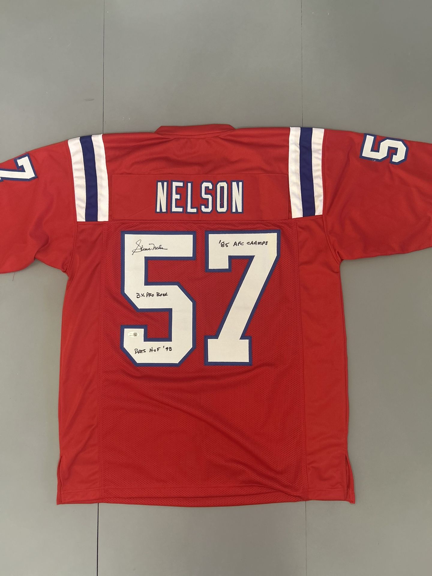 Steve Nelson Signed Jersey Inscribed "3X Pro Bowl" & "PATS HOF '93" & "'85 AFC CHAMPS" (JSA)