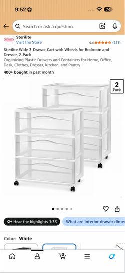 Sterilite Wide 3-Drawer Rolling Cart, 2-Pack