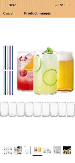 16 OZ Can Tumbler Glasses, Can Beer Glasses, Drinking Glasses Set of 12 with 6 Color Straws and Silicone Coasters, Ideal for Beer, Iced Coffee/Tea, Ju