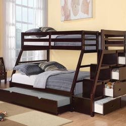Acme Jason Twin over Full Bunk Bed with Storage Ladder and Trundle in Espresso 37015


