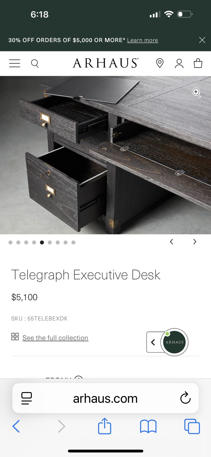 Arhaus Telegraph Executive Desk, Color: Ebony, Size: 78”x 38”x 30.25