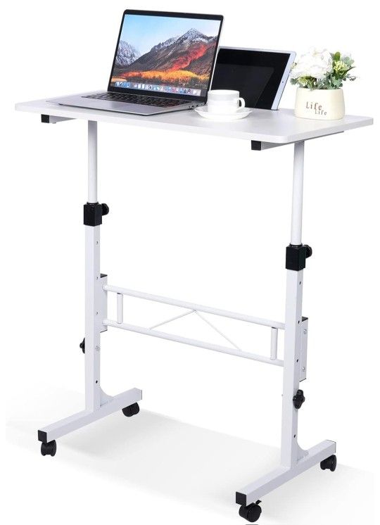 KLSMYHOKI Standing Desk Adjustable Height, Mobile Stand Up Desk with Wheels Small Computer Desk Rolling Desks, Portable Laptop Desk White Standing Tab
