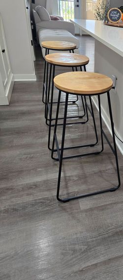 3  Bar Stool, Black Steel Base with Natural Rubberwood Seat