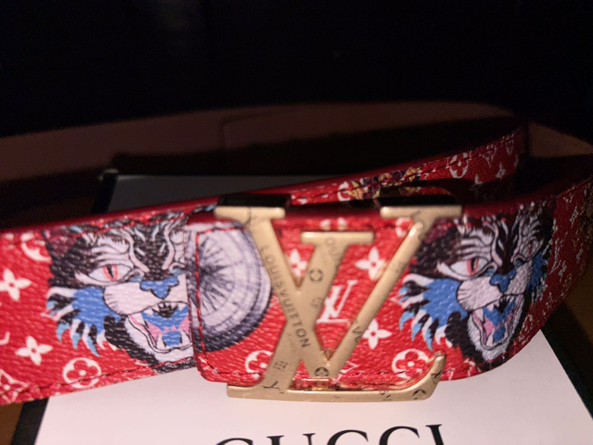 Red Leather Multicolor Belt Gold Buckle