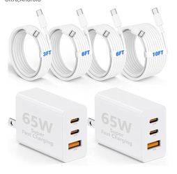 65W USB C Charger for iPhone 17 16 15 Pro Max, 3-Port PD 3.0 GaN Fast Charging Block with 3/6/6/10 Ft USB C Cable for iPhone 17/16/15, MacBook Pro/Air