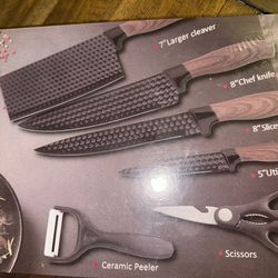 New 6-Piece Kitchen Knife Set w/ Cleaver Chef Slicer Utility Knives Peeler Scissors