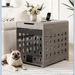 Modern Dog Crate Furniture with Charging Station Medium Kennel Indoor with Flip-up Hidden Acrylic Door for Small and Medium Breeds up to 50lb Wood Pet