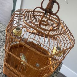 Vintage Chinese Bamboo Song Bird Handcrafted Cage Porcelain Feed Bowls Ornate