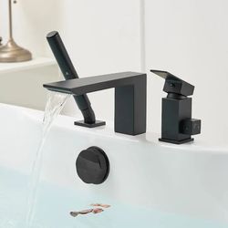 Brass Deck Mount Bathtub Faucets Set Roman Bath Tub Faucets with Sprayer Waterfall Tub Filler with 2 In 1 Handheld Hand with Valve, Matte Black with c