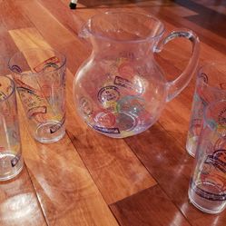 Pitcher & 4 Glasses (Plastic) with travel/passport stamps