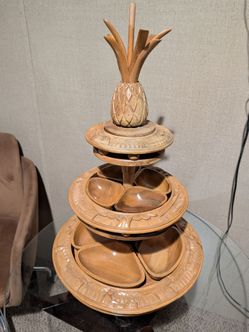 Antique hand-carved wood 3 tier Lazy Susan Serving Tray