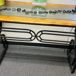 Console/Sofa Table – Wood & Glass Top with Decorative Iron Base – 45”L x 17”W x 33”H