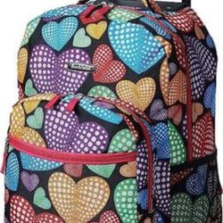 Rolling Backpack School Book Bag, 17x13x10 Hearts Double Handle NEW
