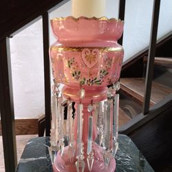 Antique Victorian Pink Mantle Glass Lustres Set of 2