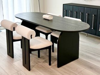 Modern French Style Oval Dining Table and 4 Boucle Upholstered Chairs Set Solid White Ash Wood Black Finish