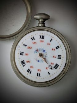 Old antique fancy dial key wind Swiss European pocket watch. Late 1800s. Watch is NOT working, missing hand, bow, & key etc. Crystal has scratches and
