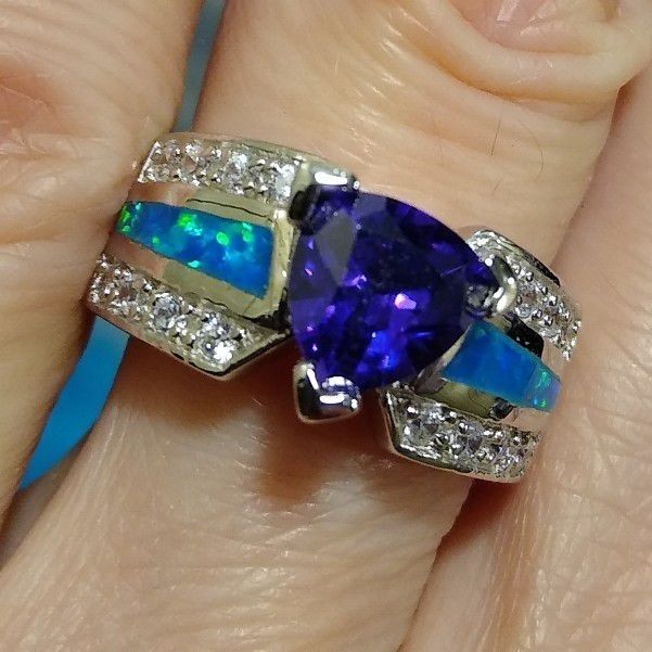 Blue Fire Opal Inlay 925 Sterling Silver Ring - Men's & Women's Band, Sizes 6-13