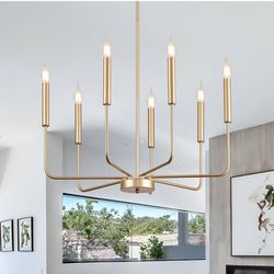 Farmhouse Chandelier Lighting, Gold Industrial Metal 7-Light Candle Chandeliers, Vintage Chandelier Hanging Light Fixtures for Living Room, Dining Roo