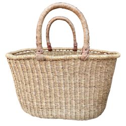Vintage Bolga Market Basket Ghana African Alaffia Hand Woven Leather Handles Neutral Large