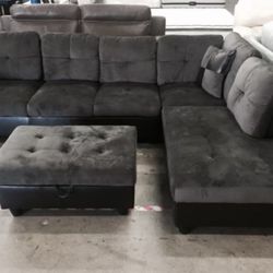 Dark Grey Microfiber Sectional Couch And Ottoman