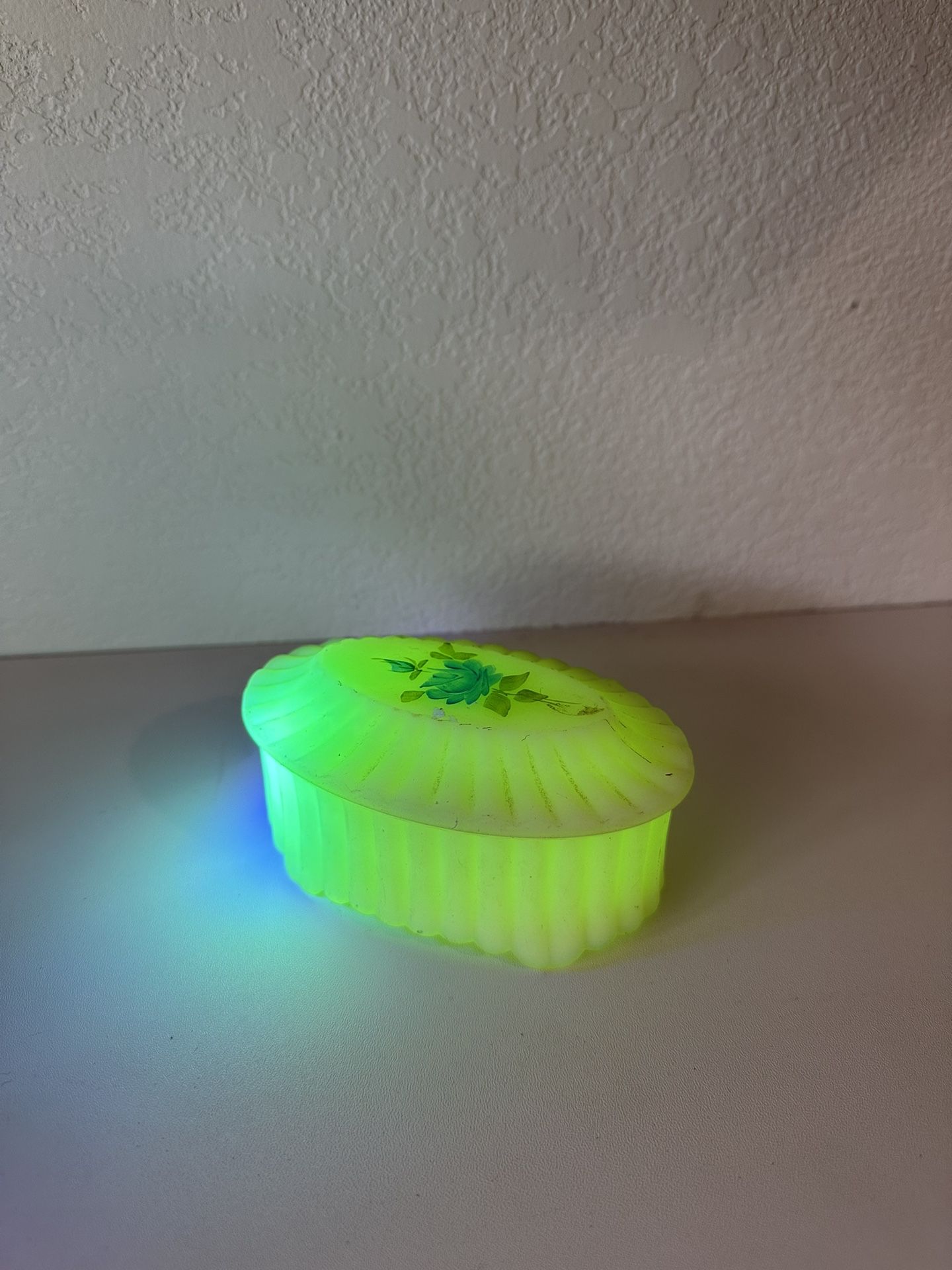 Antique Fenton Custard Hand Painted Floral Uranium Glass Signed Trinket Box