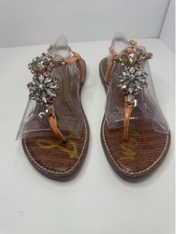 Sam Edelman Peach Vegan Leather Crystal Embellished T-Strap Sandals Size 8.5M