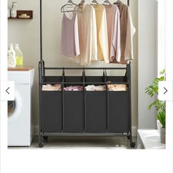 4-Section Rolling Laundry Sorter with Hanging Bar