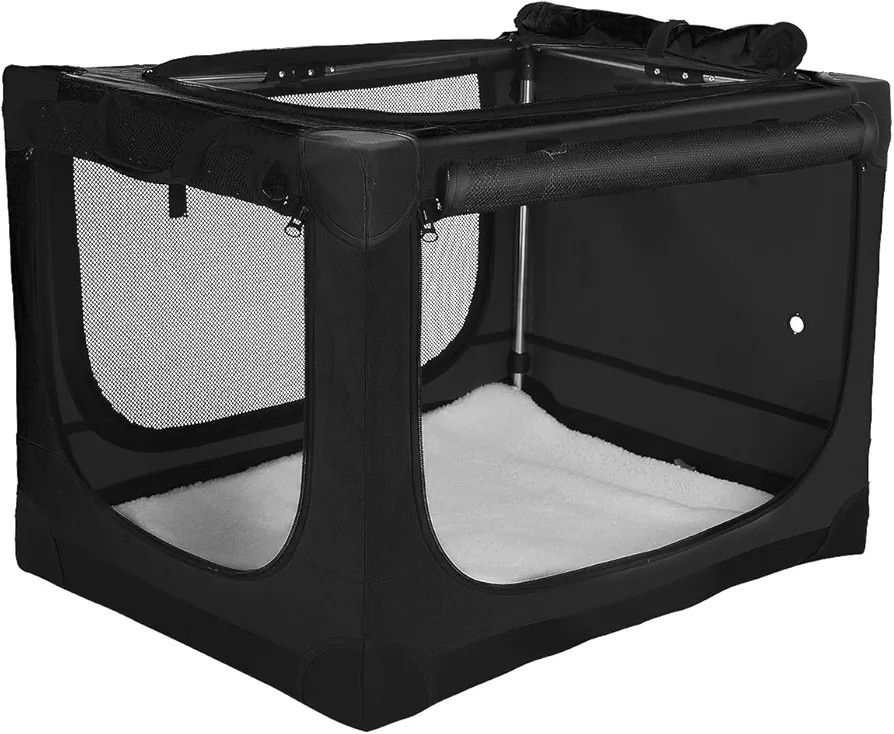 36-Inch Collapsible Travel Dog Crate, Portable 4-Door Soft Kennel for Medium to Large Dogs, Chew-Proof Mesh Windows, Indoor/Outdoor Use, Foldable, wit