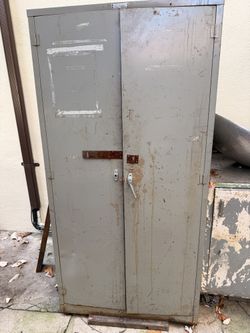 Vintage Industrial Steel Storage Cabinet, Double Door, 5 Shelves - $40