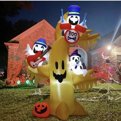 GOOSH 8 FT Halloween Inflatable Outdoor Ghost Tree with Pumpkin, Blow Up Dead Ghost Tree Yard Decoration with LED Lights 