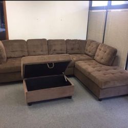 New Chocolate Brown Sectional Sofa Chenille Couch With Large Storage Ottoman 