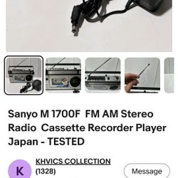 Sanyo M 1700F  FM AM Stereo Radio  Cassette Recorder Player Japan - TESTED