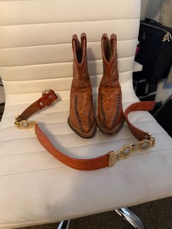 Ostrich Leather Cowboy Boots with Matching Belt