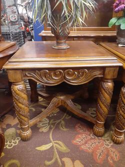 Set Of 2 Decorative Carved Wood End Tables