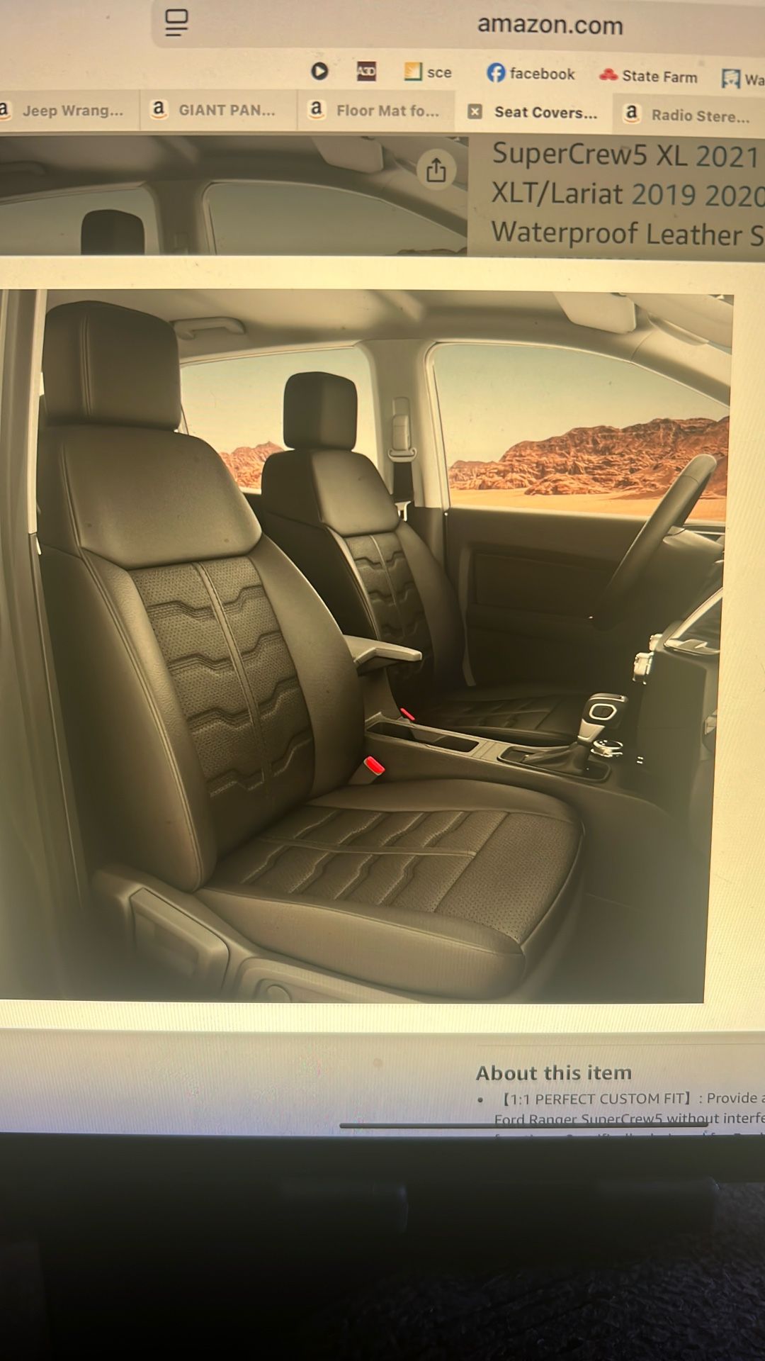 NEW Ford Seat Covers. Custom Fit for Ranger SuperCrew5 XL 2021 thru 2023 & XLT/Lariat 2019 thru 2023, Waterproof Leather BLACK