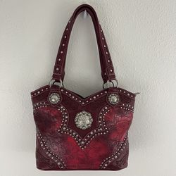 AMERICAN BLING Y2K Red Burgundy Faux Tooled Leather Western Studded Shoulder Bag
