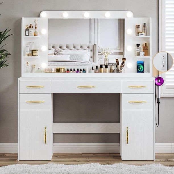 White Vanity Desk with Mirror, Lights, Drawers, Cabinets, Shelves & Power Outlet,45.5"