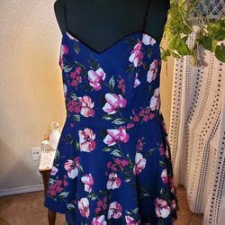 Blue Strapless Floral Dress - Size 14 W