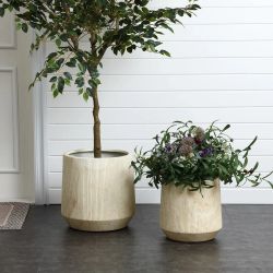 Beige ribbed stone-effect MgO round planters, set of 2 ,PL2311