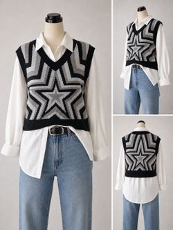 Shein Star Knit Crop Vest Black Gray Sleeveless Size S