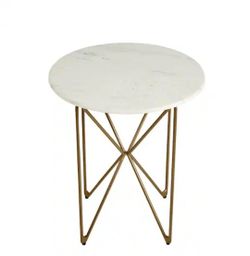 TWO Round Accent Table With Gold Finish Wire Base And Natural Marble Top