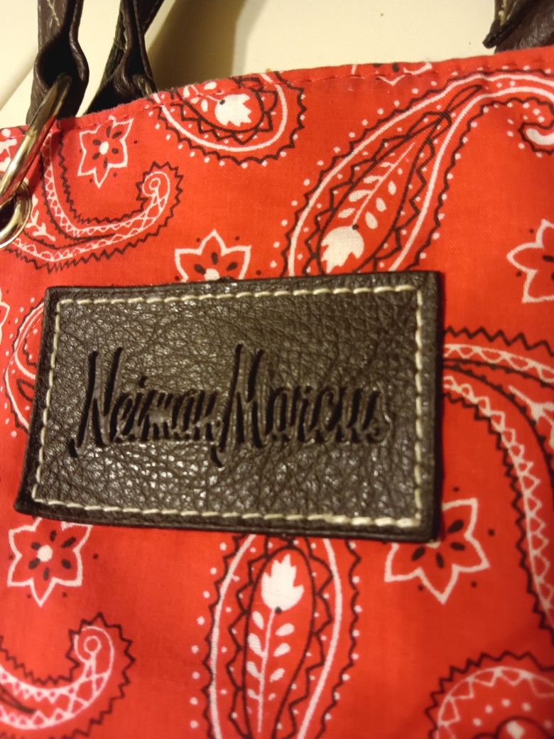 Neiman Marcus Red Paisley Bandana Print Tote Bag Cotton With Nylon Lining And Leather Straps. 14x14