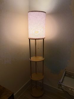 Modern Floor Lamp with Built-In Shelves – Wood & Linen Shade
