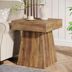 Tribesigns Small Square End Table with Wide Base for Living Room, Brown