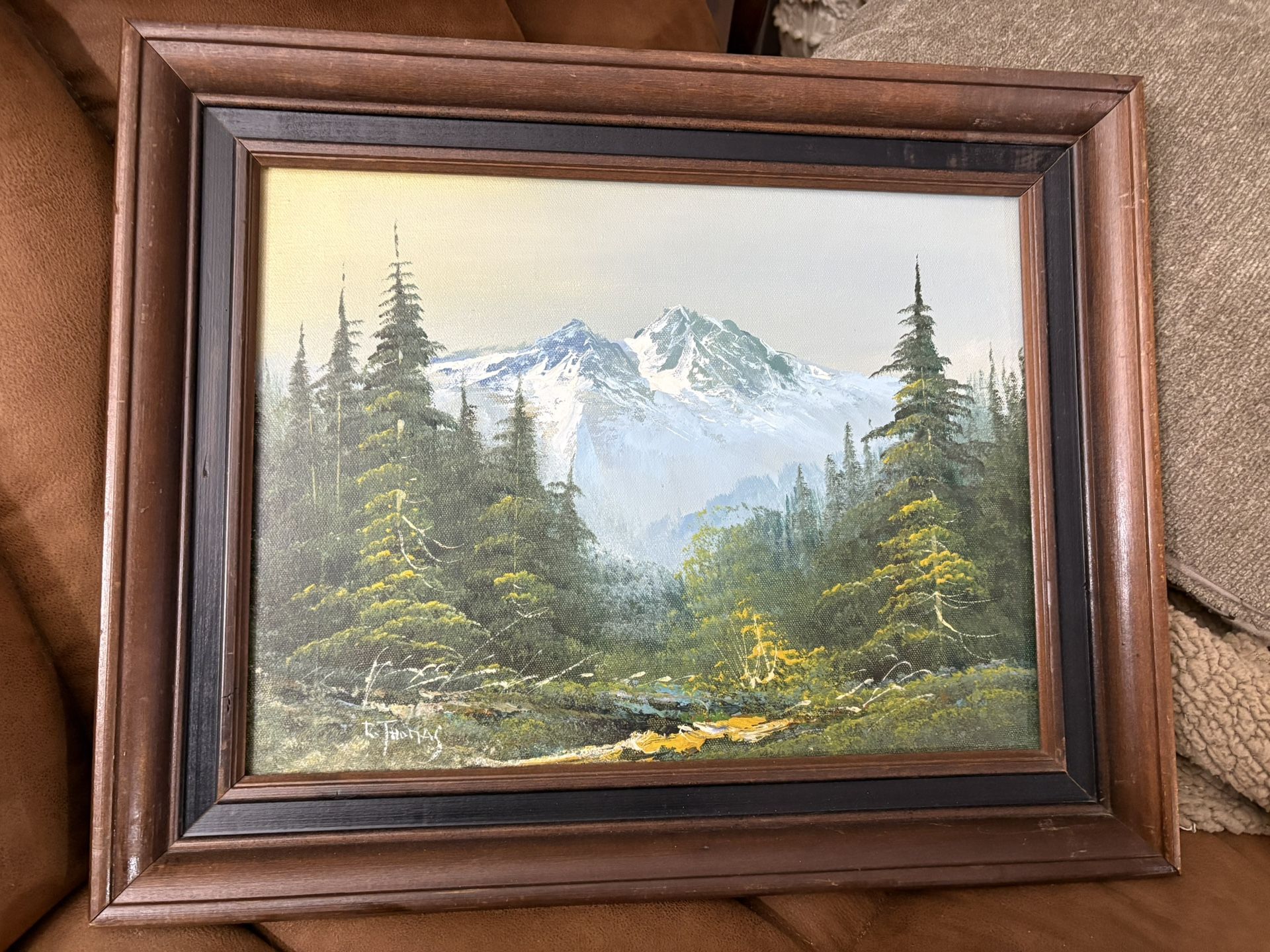 Original Vintage Forest, River & Snow Covered Mountains R. Thomas Oil Painting 16x20”