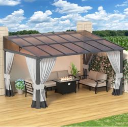 10' x 14' Lean to Gazebo,Large Wall Mount Heavy Duty Gazebos Pavilion,Outdoor Hardtop Pergola Shelter
