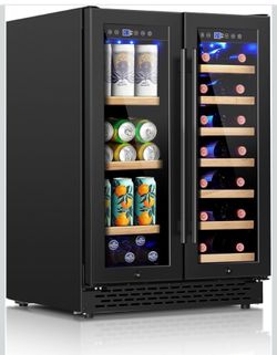 Colozo Wine & Beverage Refrigerator Under Counter, 24 Inch Black Freestanding Wine Fridge with Wooden Shelves, Glass Door&Lock Beverage Cooler-20 Bott