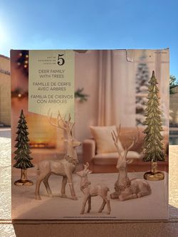 Holiday Deer Family w/ Trees Set of 5 Gold/Green w/ 3 Deers & 2 Trees New In Box